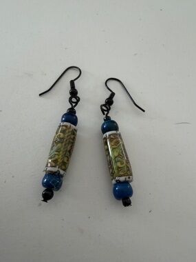 Blue and Green Glass Tube Drop Earrings - Unbranded